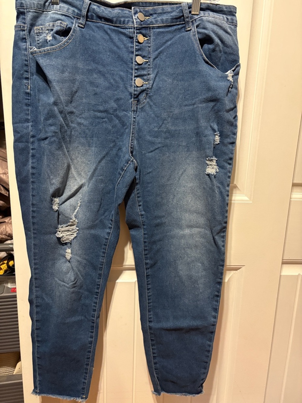 SHEIN Medium Blue High-Rise Distressed Button-Fly Jeggings